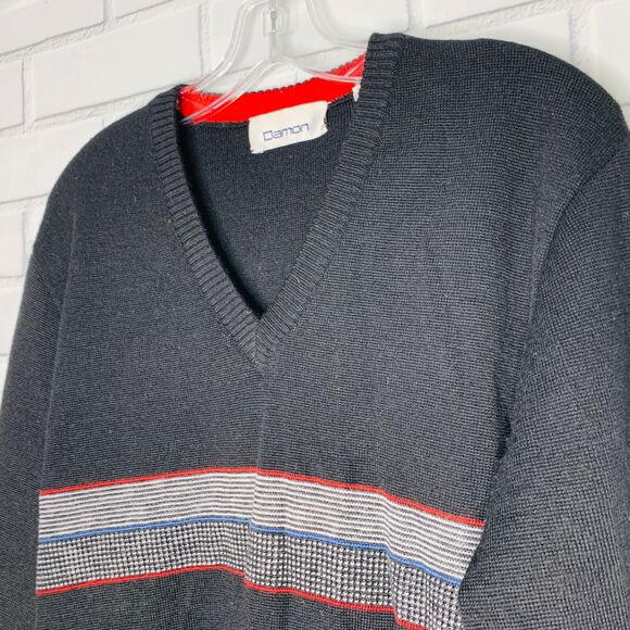 vintage 90s all wool sweater V neck stripes black red Damon size medium men - Picture 3 of 7